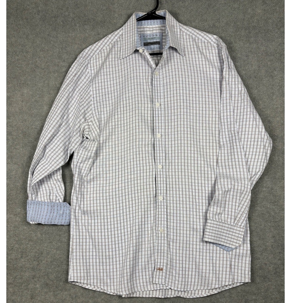 Johnston & Murphy Tailored Fit Button Down Shirt Grid Check Size M White Blue